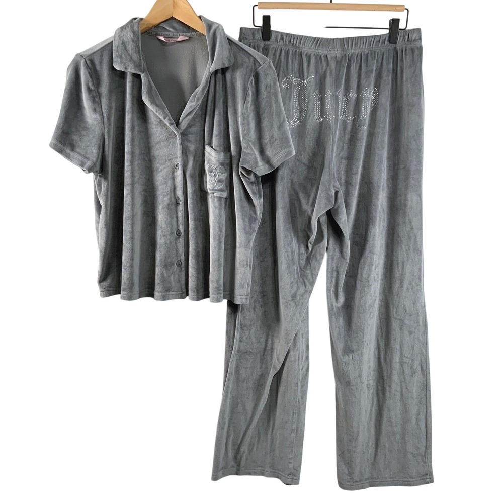 Juicy‎ Couture Womens Velour Bling Rhinestone Set sz XL Gray Y2K Logo Comfort